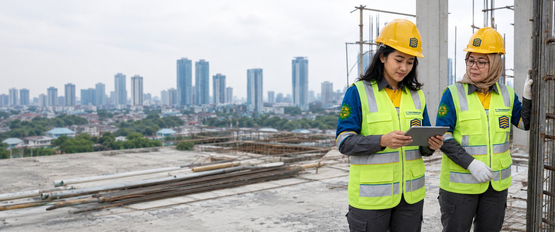 Tim lapangan TBK Holding mengenakan seragam dan APD di area konstruksi dengan latar gedung kota